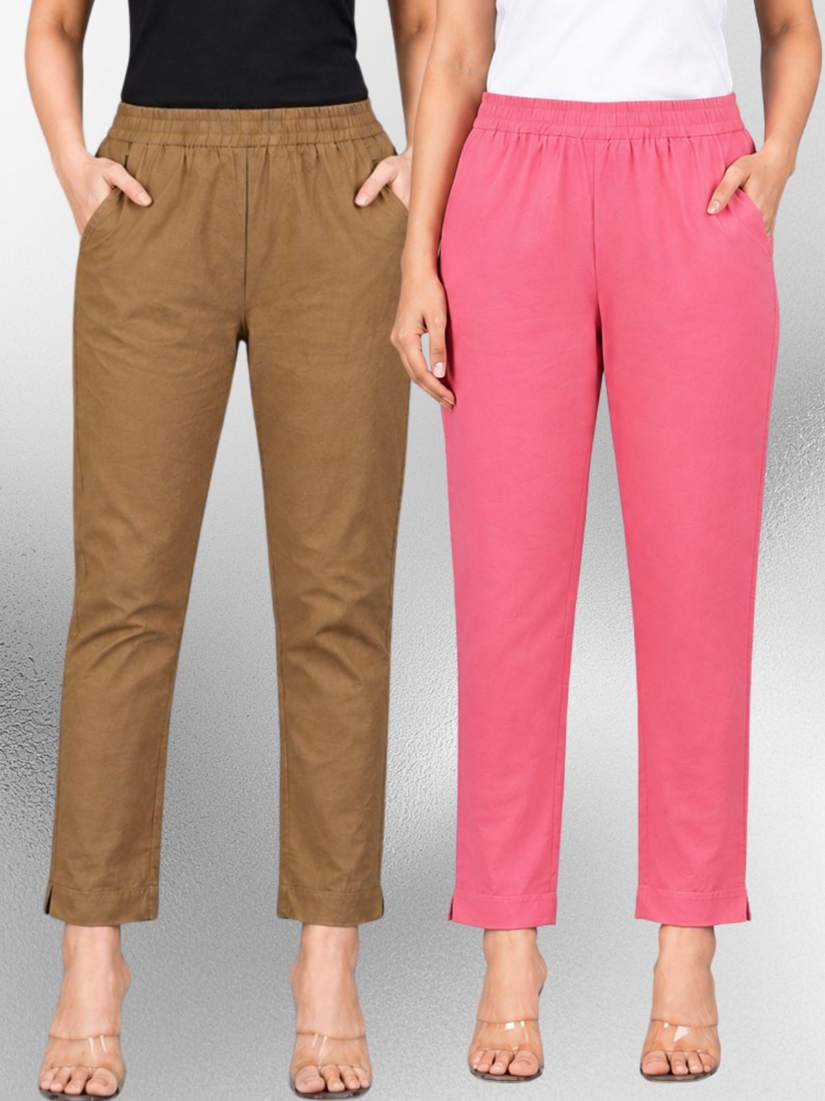 Brown & Mauvepink Regular Fit Elastic Cotton Trouser Combo