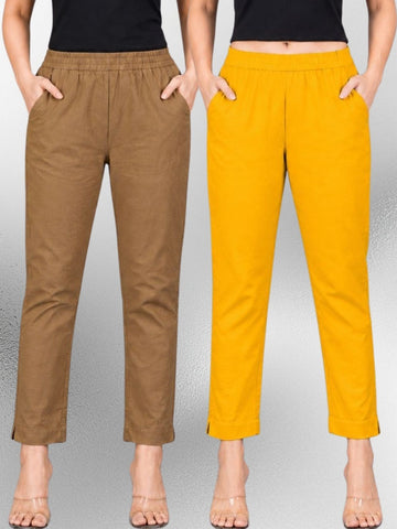 Brown & Mustard Regular Fit Elastic Cotton Trouser Combo