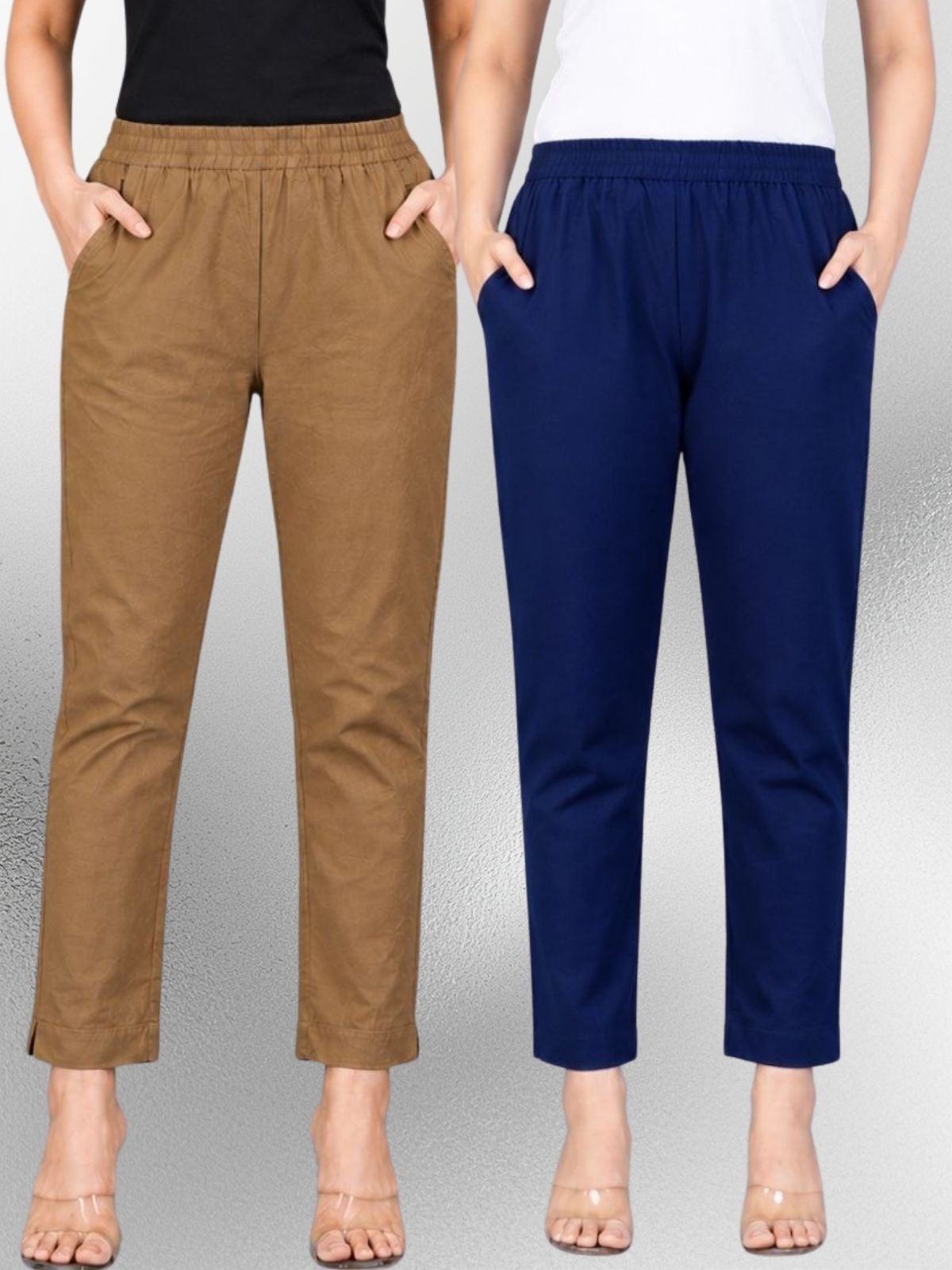 Brown & Navyblue Regular Fit Elastic Cotton Trouser Combo