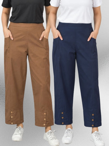 Brown & NavyBlue Cotton Straight Cargo Pant Combo