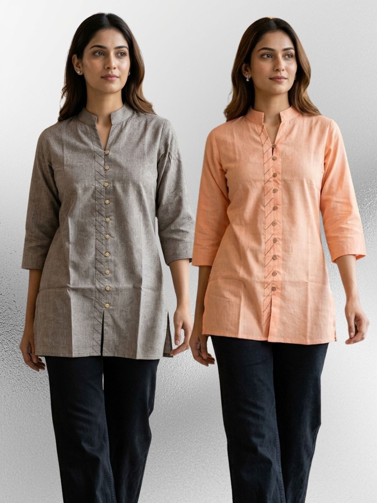 Brown & Orange Handloom Cotton Front-Slit Short Kurti Combo
