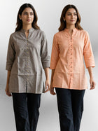 Brown & Orange Handloom Cotton Front-Slit Short Kurti Combo