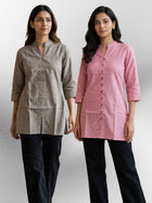 Brown & Pink Handloom Cotton Front-Slit Short Kurti Combo