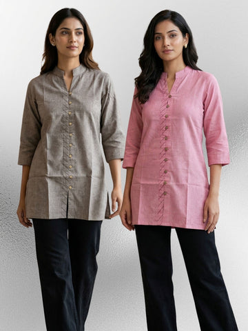 Brown & Pink Handloom Cotton Front-Slit Short Kurti Combo