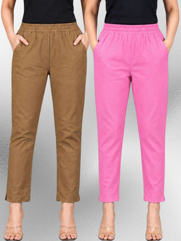Brown & Pink Regular Fit Elastic Cotton Trouser Combo