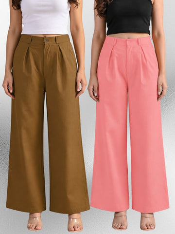 Brown & Pink-Cotton Wide Leg Pants Combo