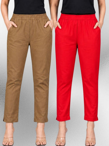 Brown & Red Regular Fit Elastic Cotton Trouser Combo