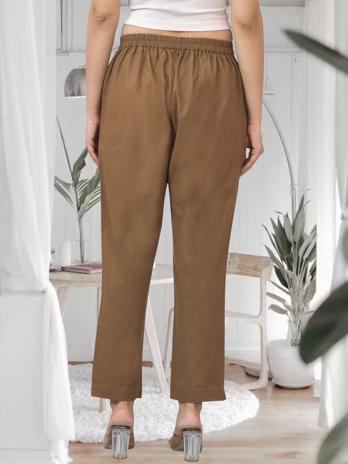 Brown Half Elastic Airy Linen Cotton Pants
