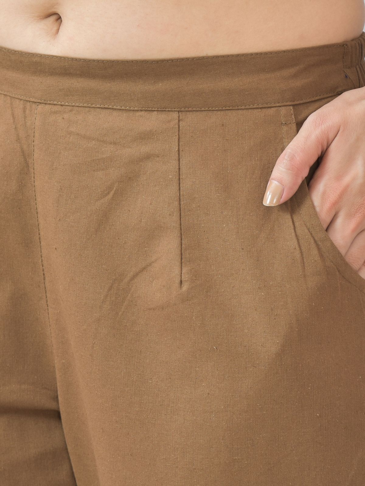 Brown Half Elastic Airy Linen Cotton Pants
