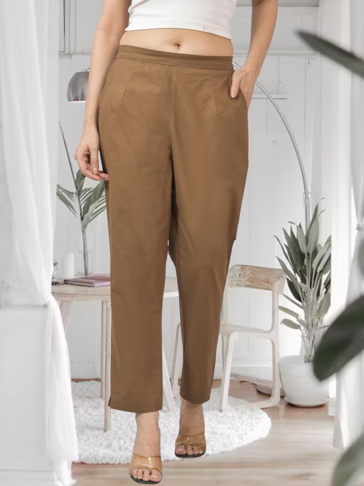 Brown Half Elastic Airy Linen Cotton Pants