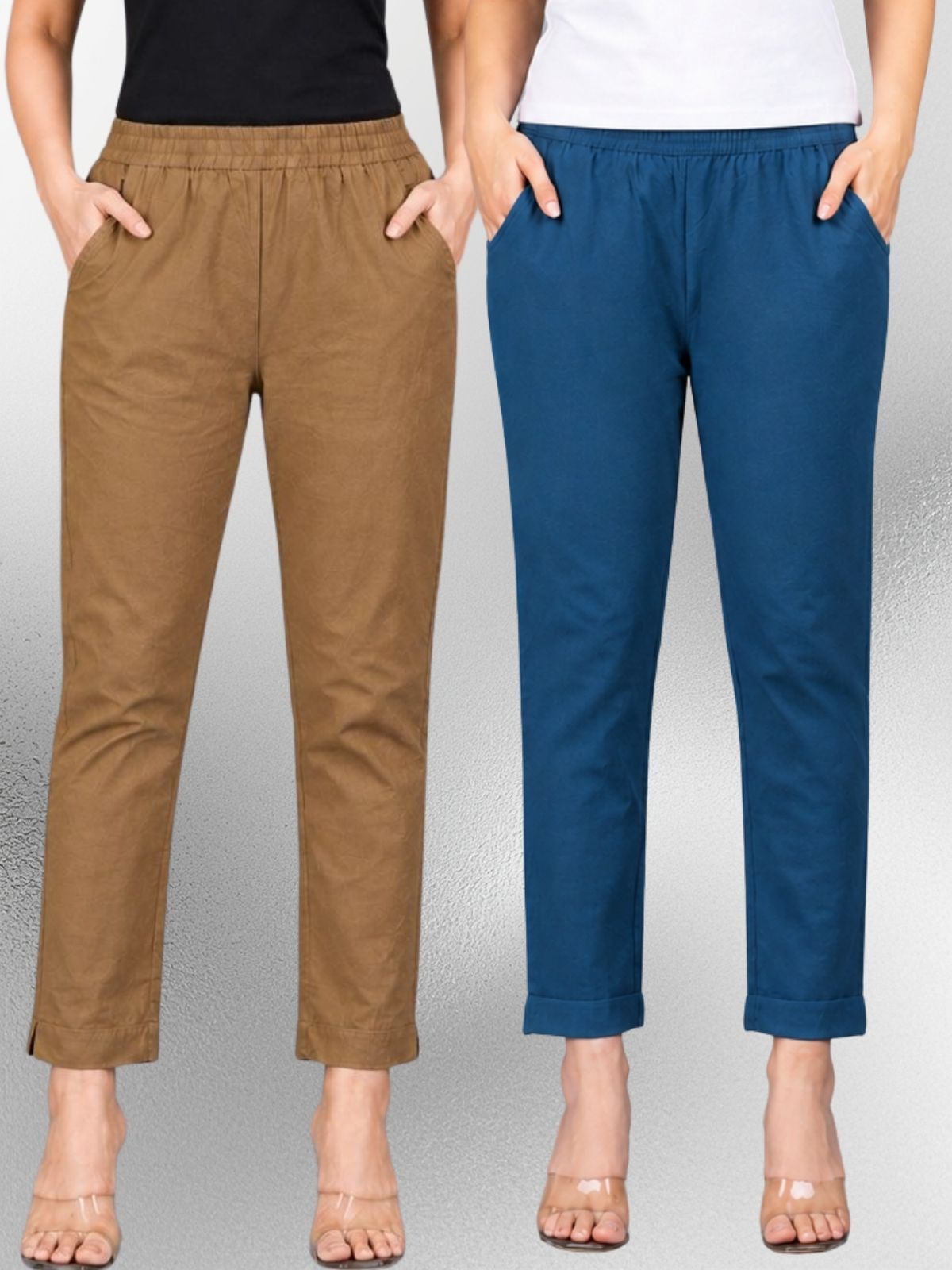 Brown & Tealblue Regular Fit Elastic Cotton Trouser Combo