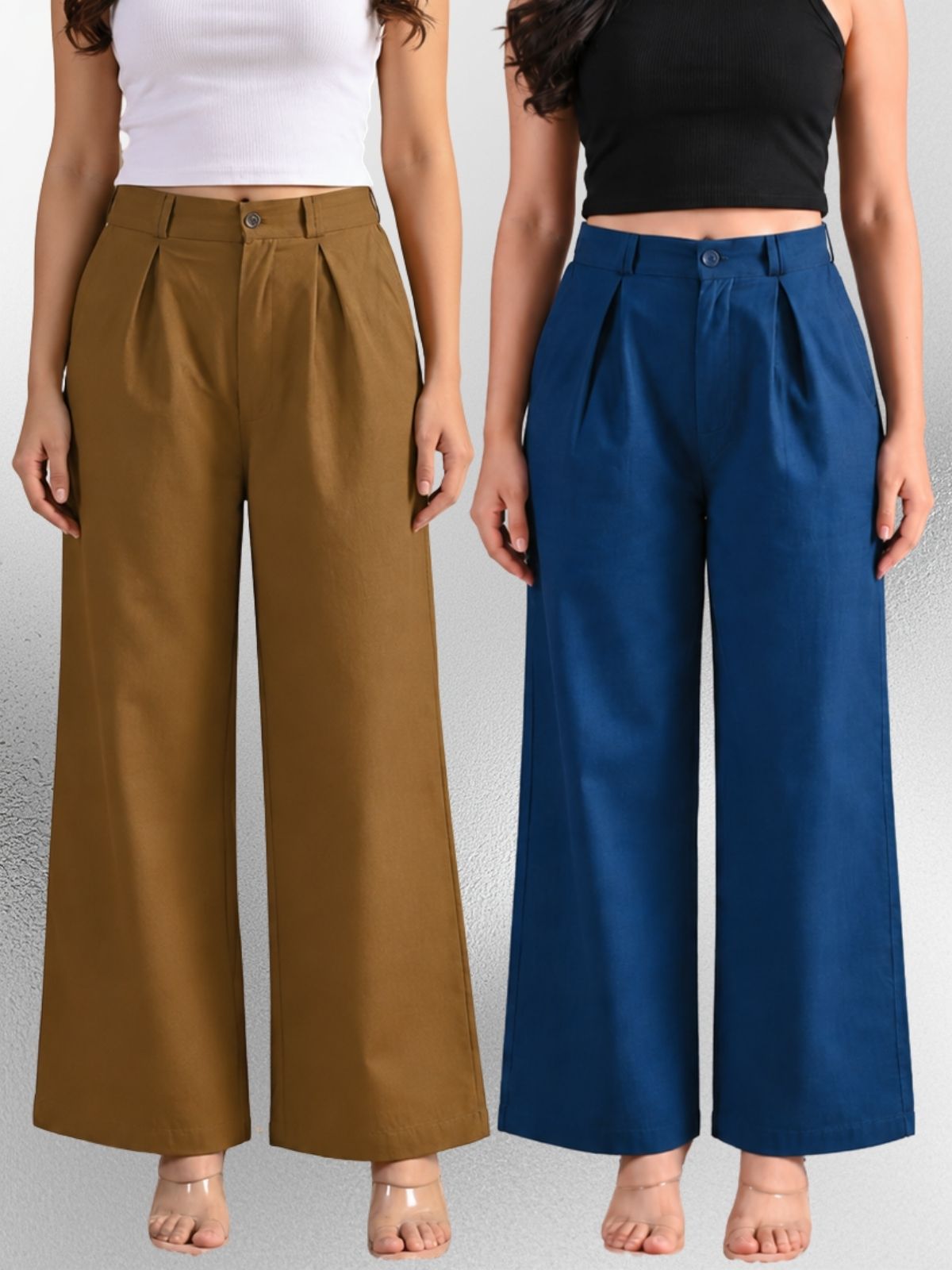 Brown & Tealblue-Cotton Wide Leg Pants Combo