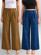 Brown & Tealblue-Cotton Wide Leg Pants Combo