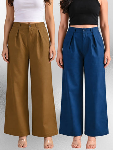 Brown & Tealblue-Cotton Wide Leg Pants Combo