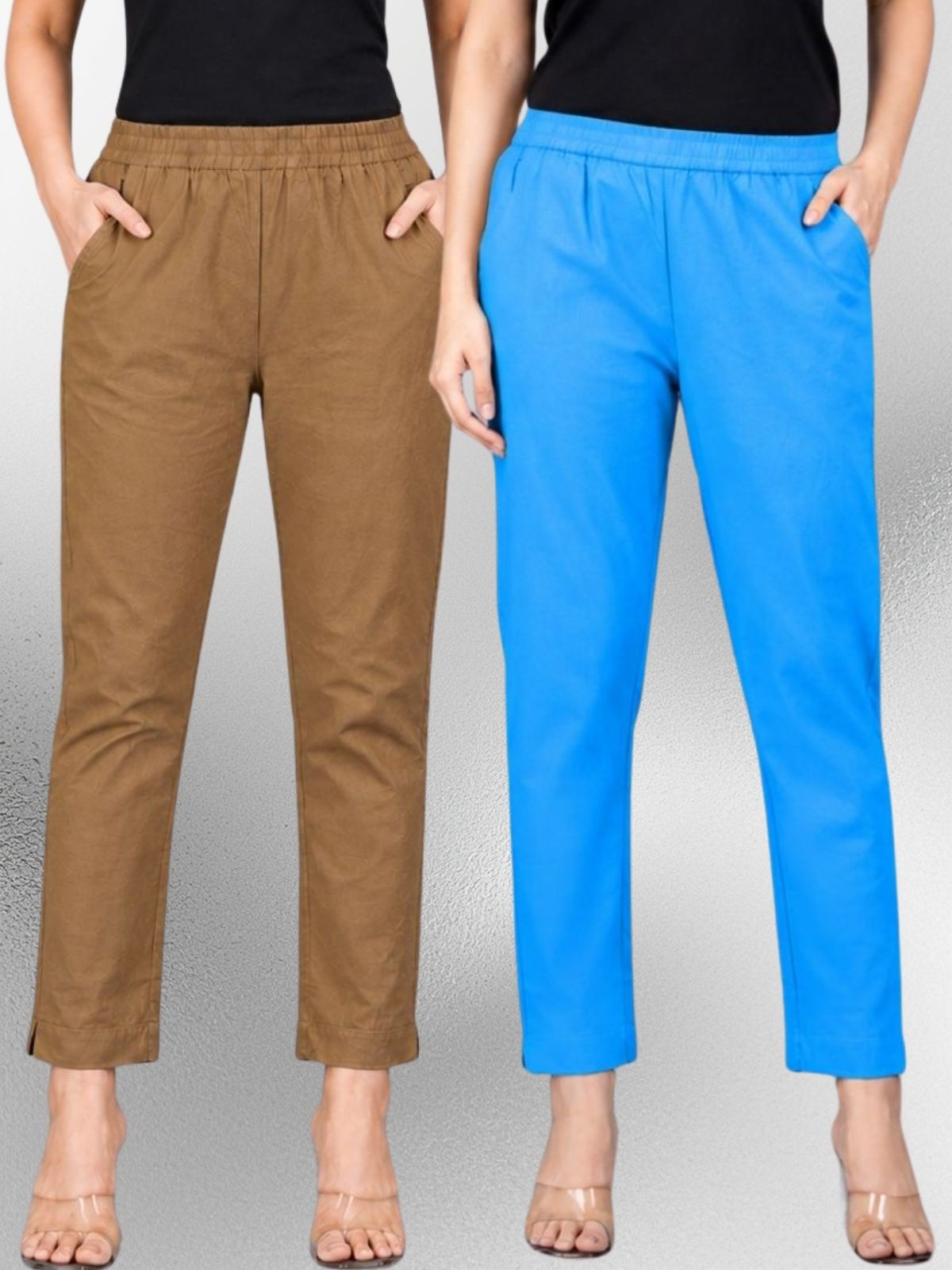Brown & Turquoise Regular Fit Elastic Cotton Trouser Combo
