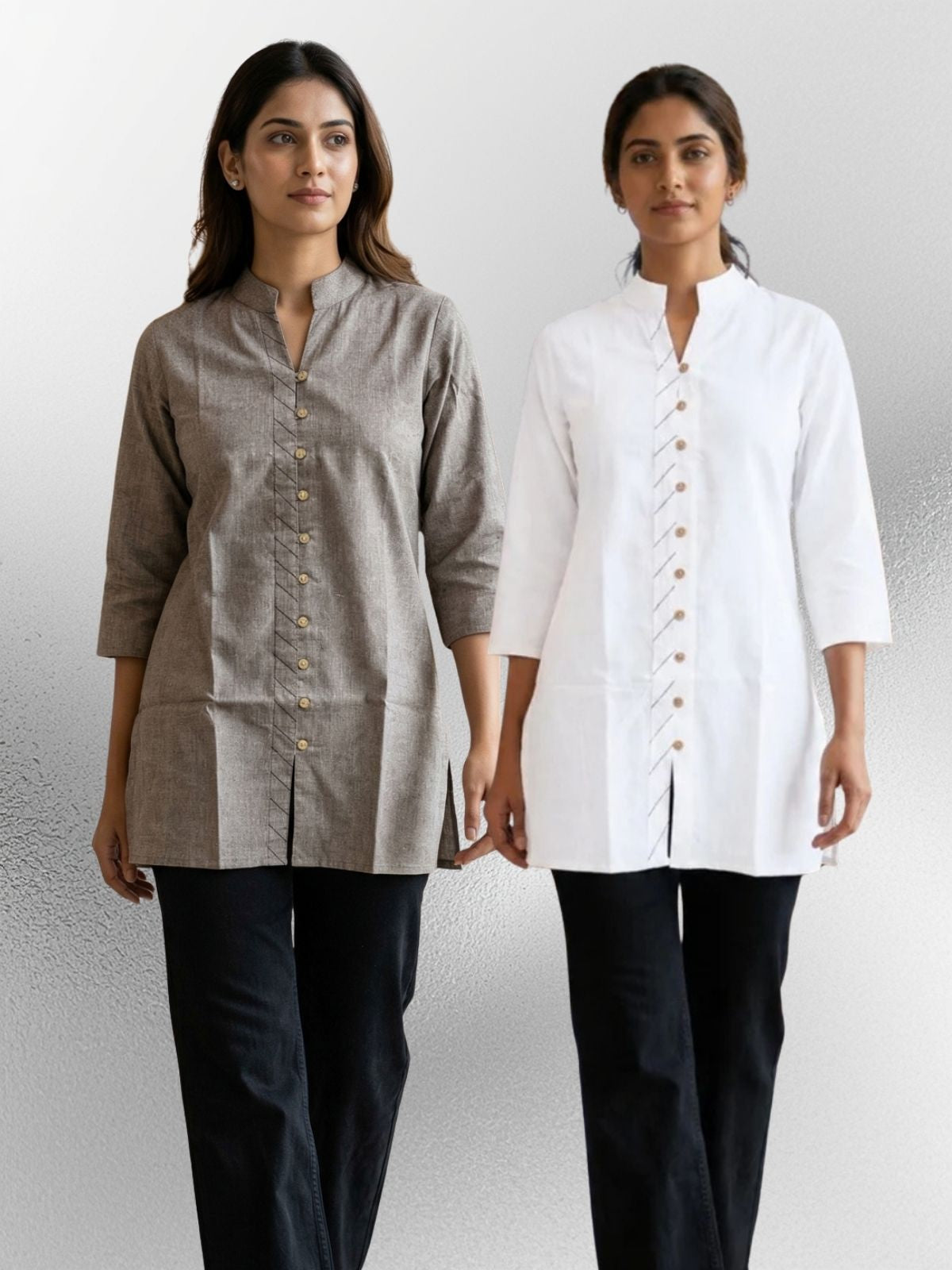 Brown & White Handloom Cotton Front-Slit Short Kurti Combo