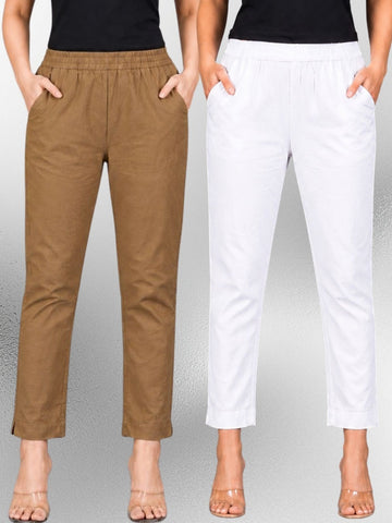 Brown & White Regular Fit Elastic Cotton Trouser Combo
