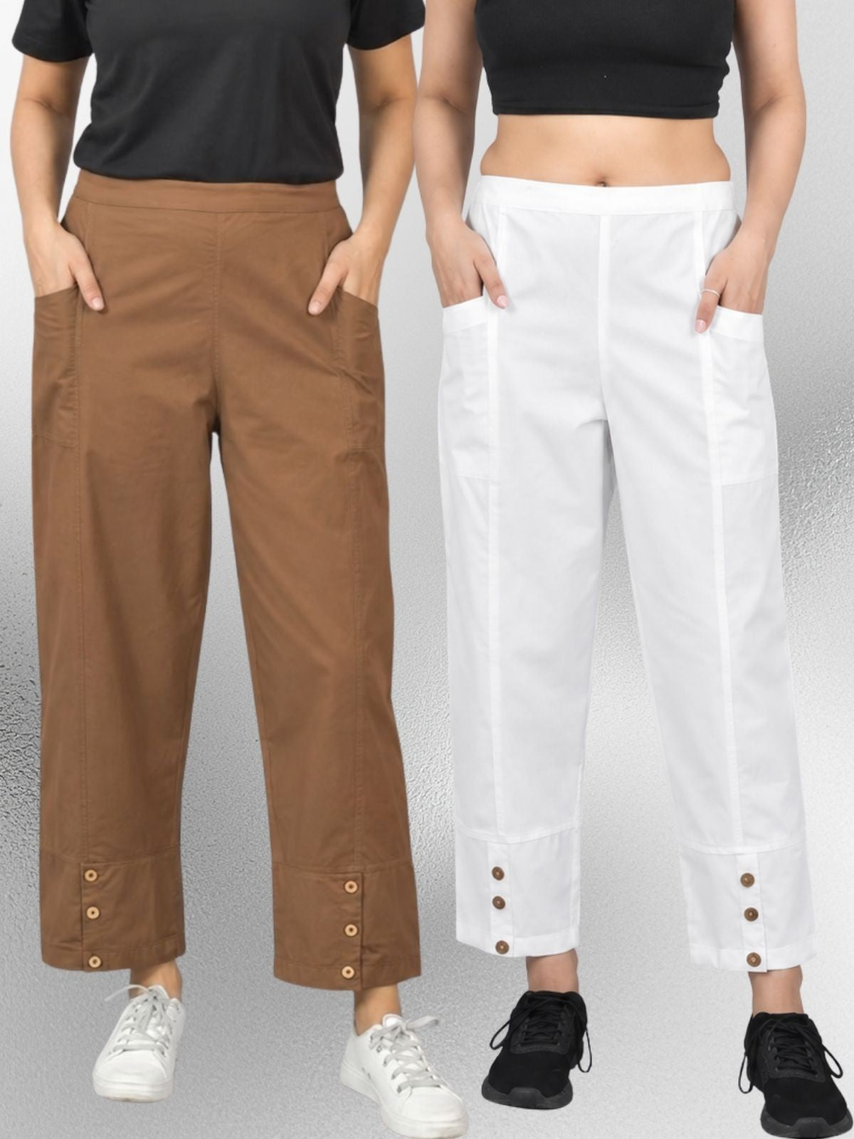Brown & White Cotton Straight Cargo Pant Combo
