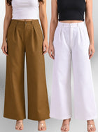 Brown & White-Cotton Wide Leg Pants Combo