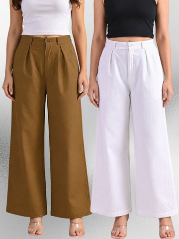 Brown & White-Cotton Wide Leg Pants Combo