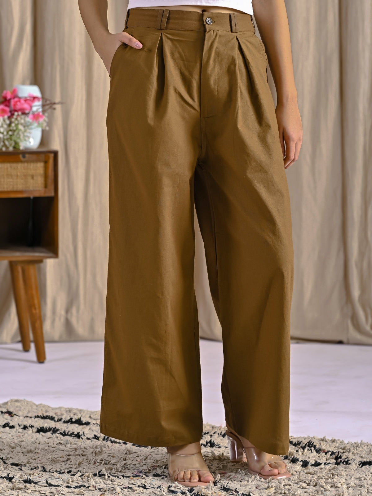 Brown Cotton Wide Leg Pants