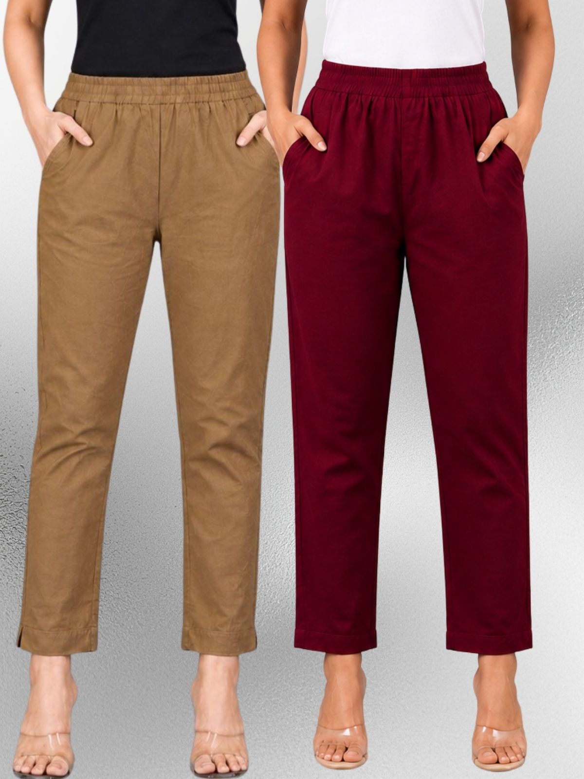 Brown & Wine Regular Fit Elastic Cotton Trouser Combo