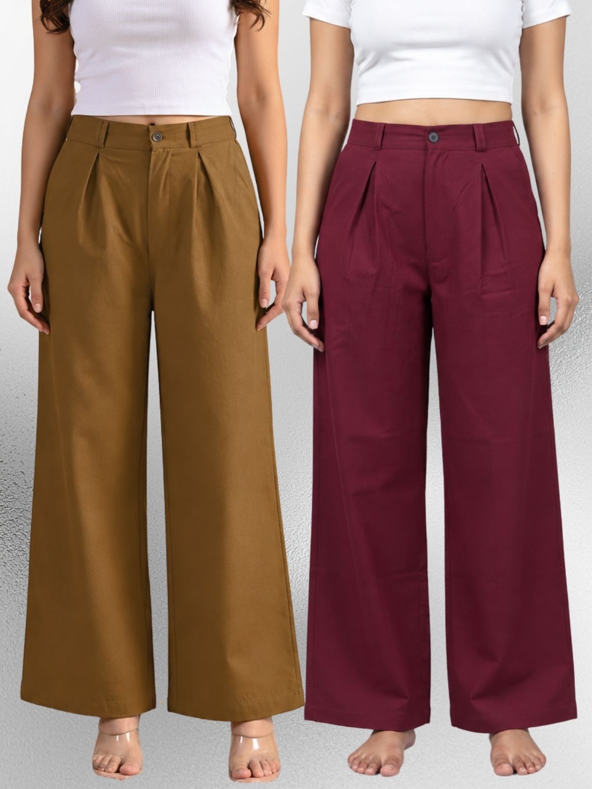 Brown & Wine-Cotton Wide Leg Pants Combo