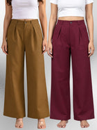 Brown & Wine-Cotton Wide Leg Pants Combo