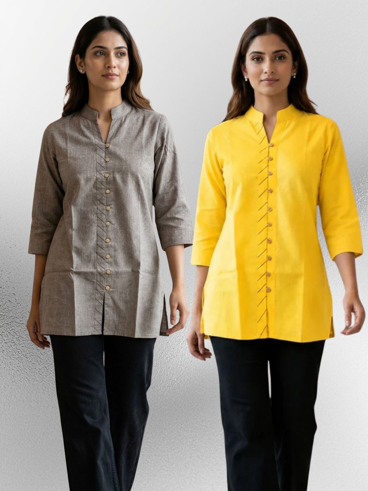 Brown & Yellow Handloom Cotton Front-Slit Short Kurti Combo
