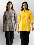Brown & Yellow Handloom Cotton Front-Slit Short Kurti Combo