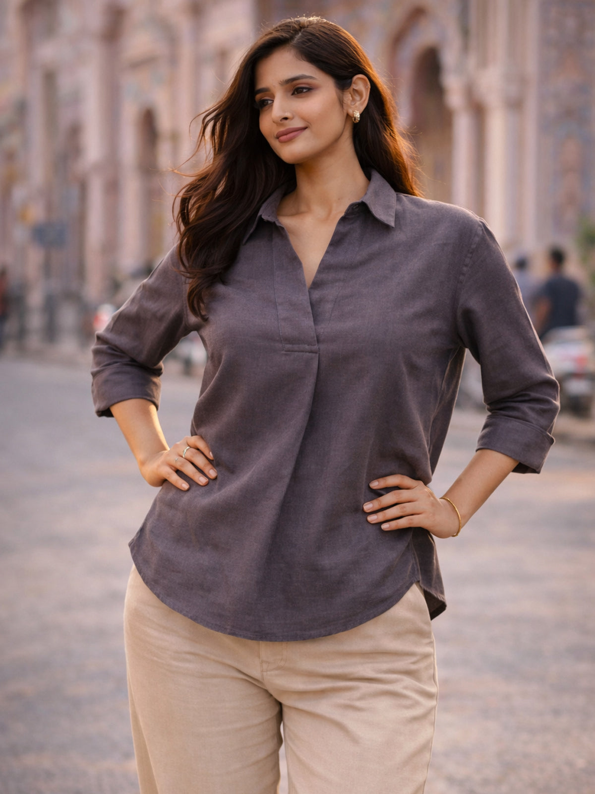 Chocolate Airy Linen Pleated Top