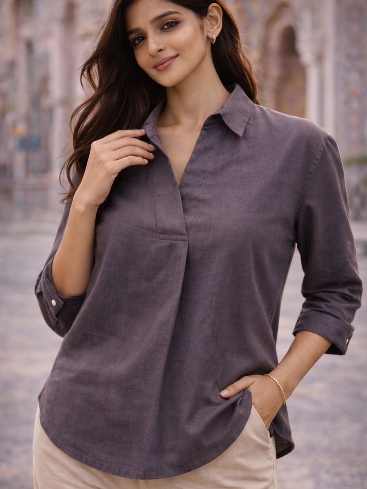 Chocolate Airy Linen Pleated Top