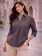 Chocolate Airy Linen Pleated Top