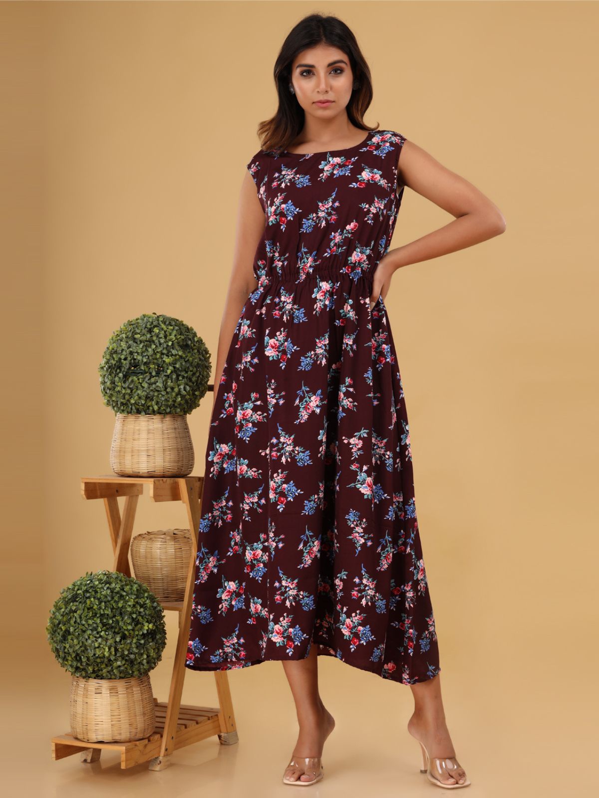 Wine Printed Maxi Dress