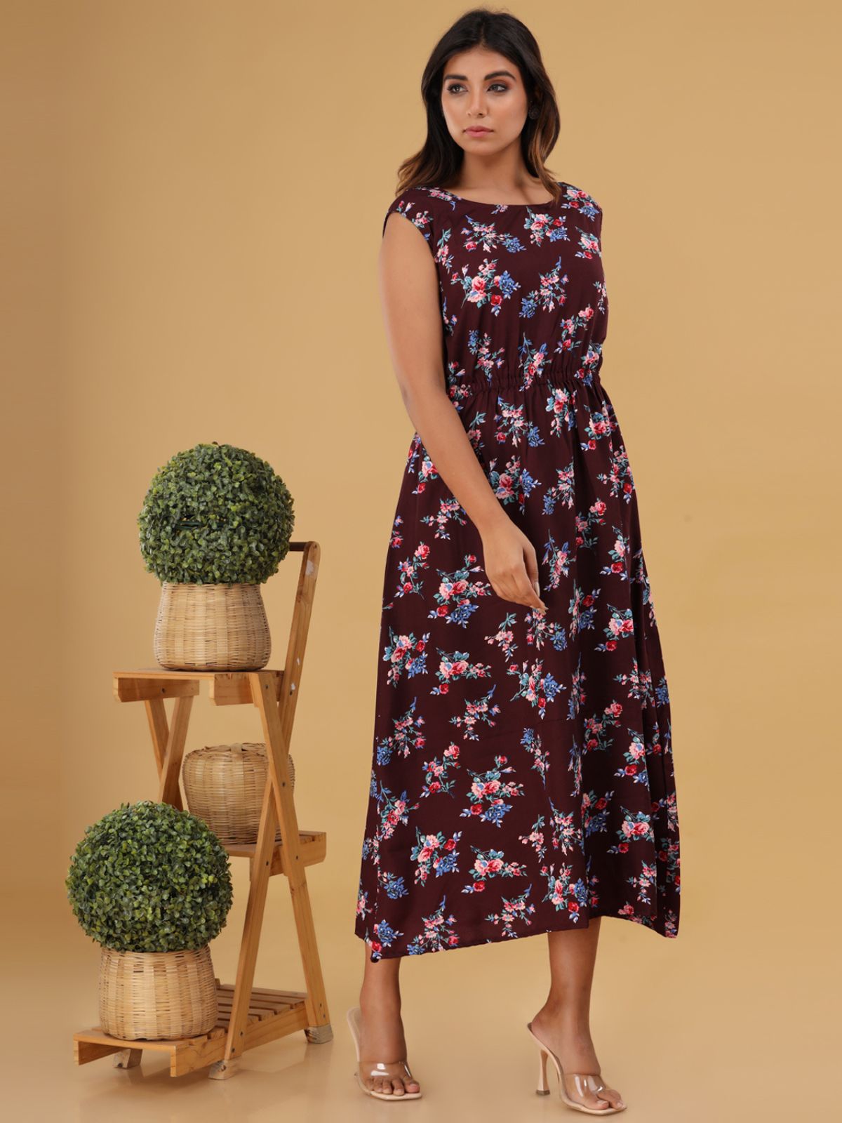 Wine Printed Maxi Dress