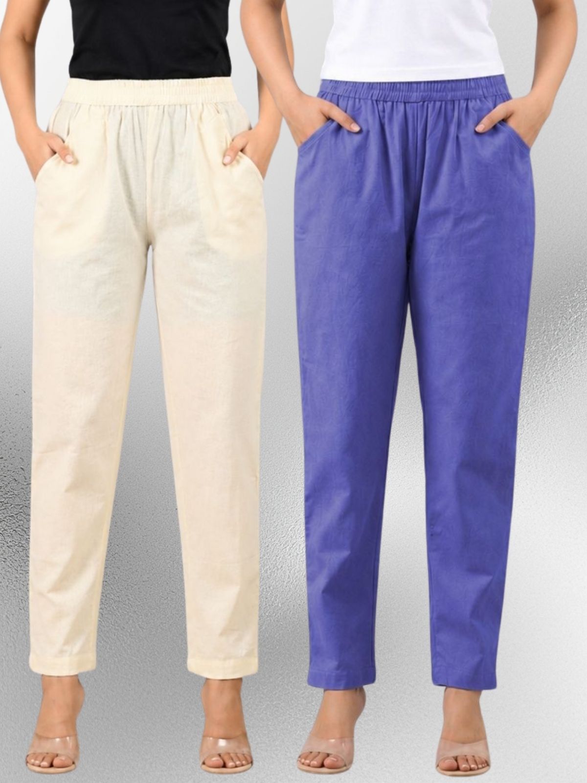 Cream & Denimblue Regular Fit Elastic Cotton Trouser Combo
