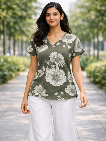 Cream Airy Linen Cotton Printed Top