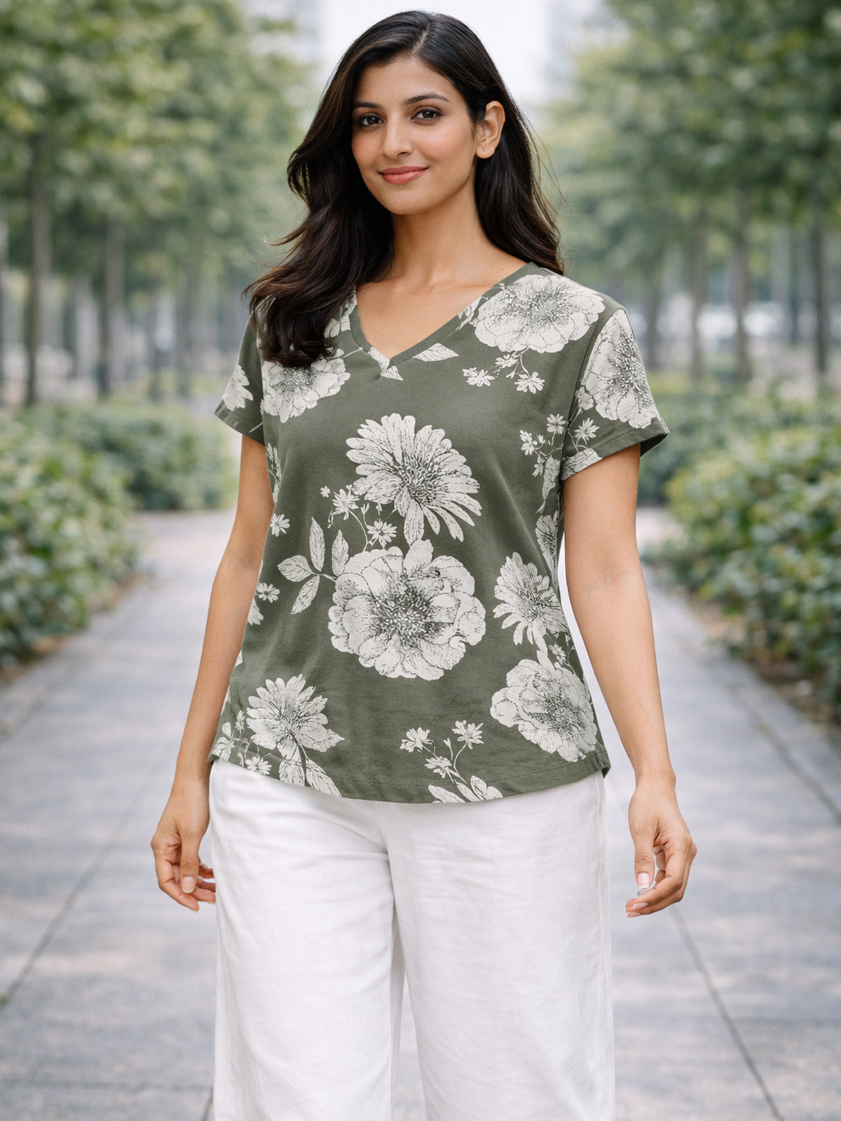 Cream Airy Linen Cotton Printed Top