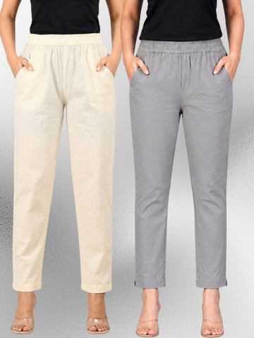 Cream & Grey Regular Fit Elastic Cotton Trouser Combo