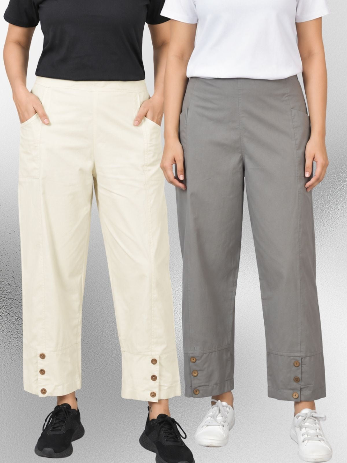 Cream & Grey Cotton Straight Cargo Pant Combo