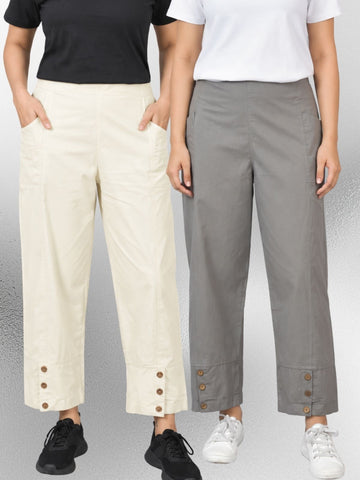 Cream & Grey Cotton Straight Cargo Pant Combo