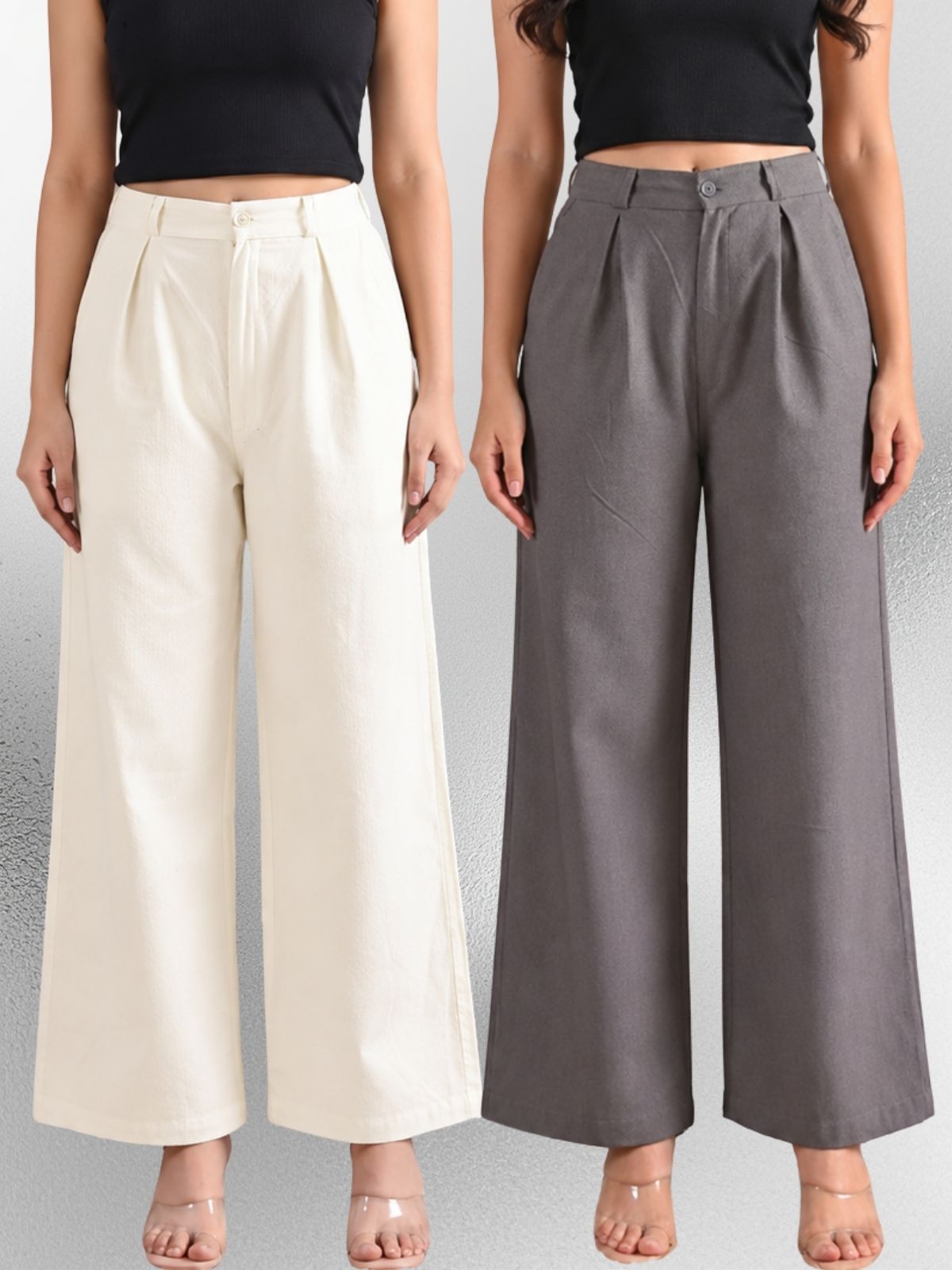 Cream & Grey-Cotton Wide Leg Pants Combo