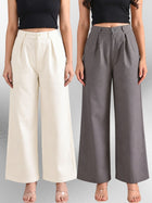 Cream & Grey-Cotton Wide Leg Pants Combo