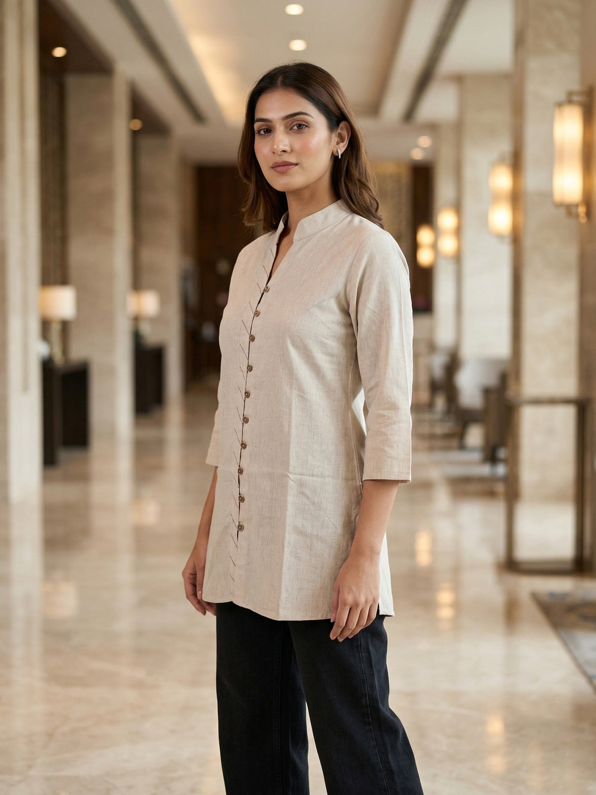 Cream Handloom Cotton Front-Slit Short Kurti