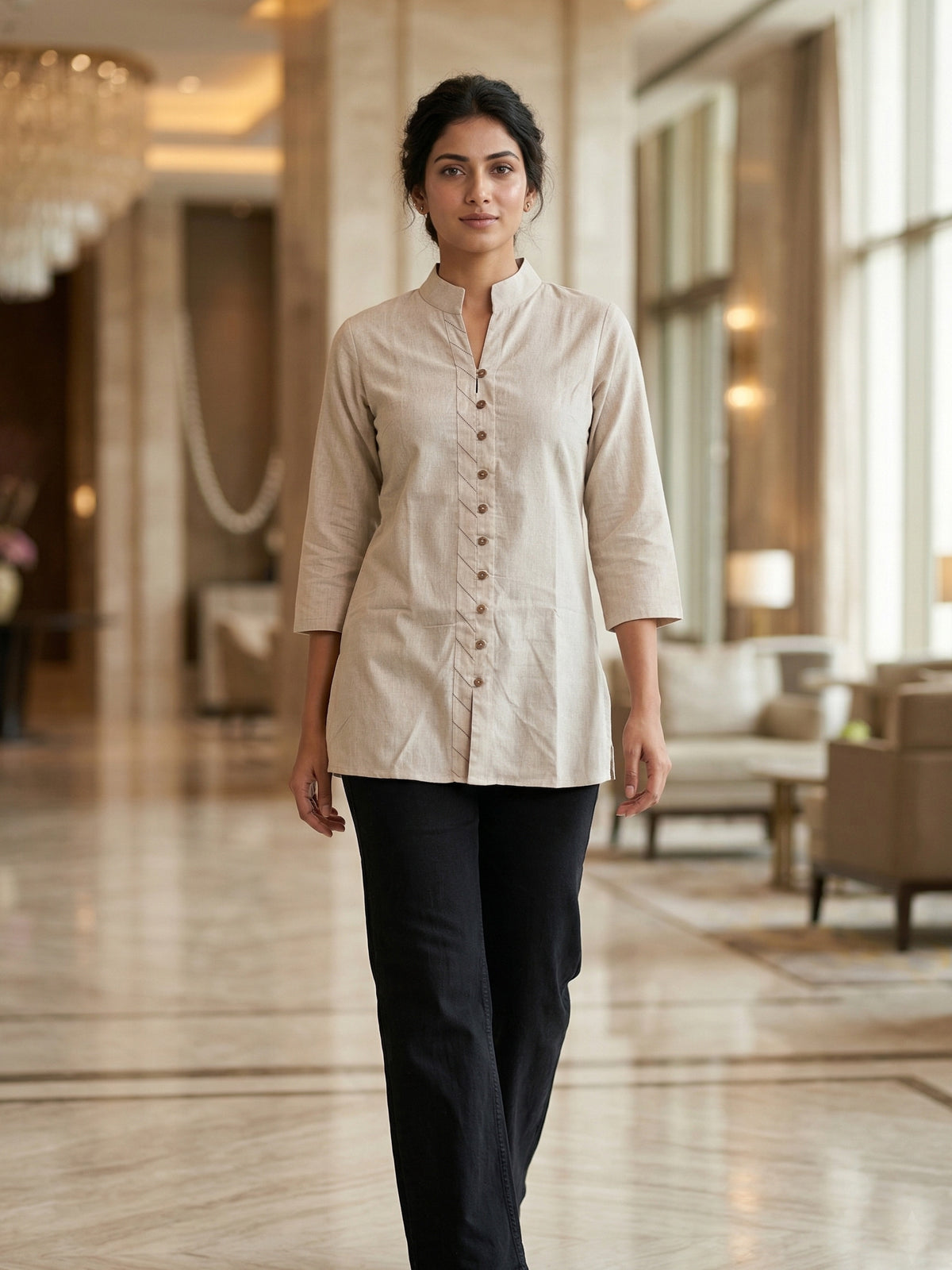 Cream Handloom Cotton Front-Slit Short Kurti