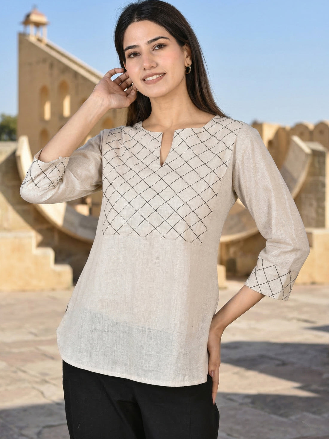 Cream Handloom Cotton Yoke Top