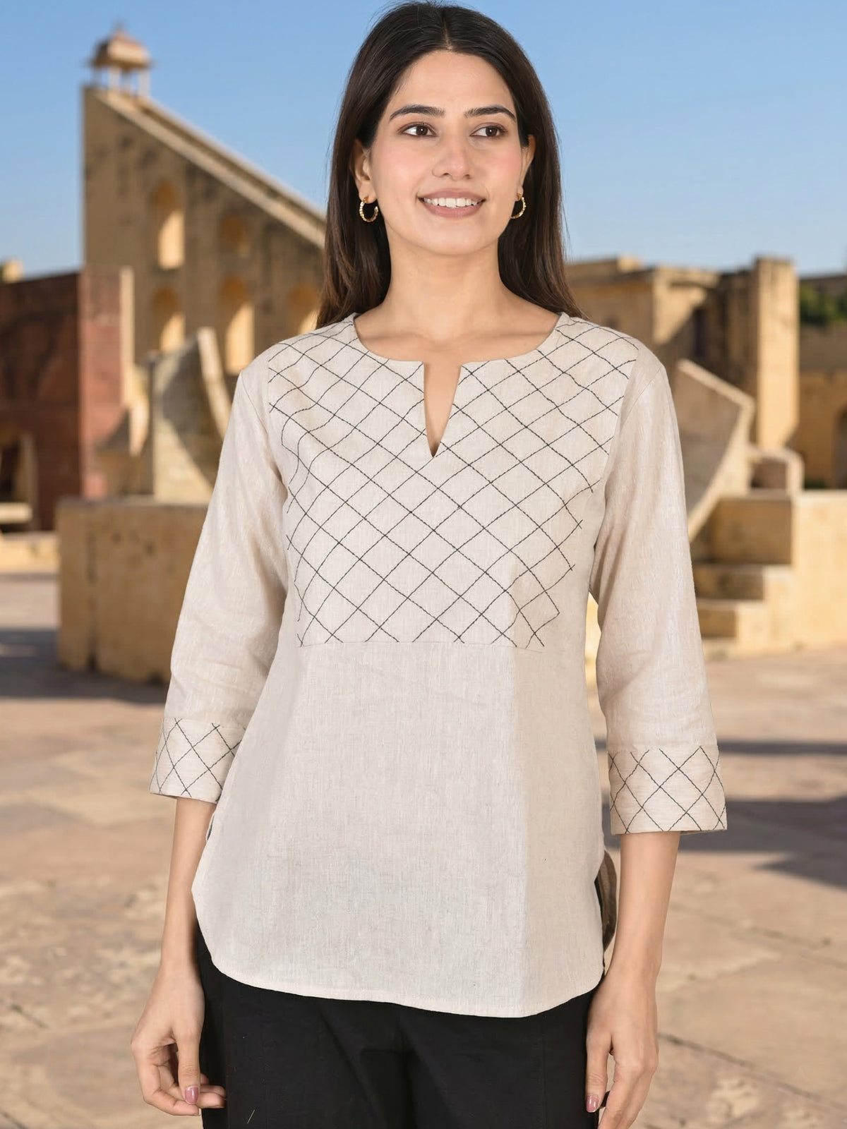 Cream Handloom Cotton Yoke Top