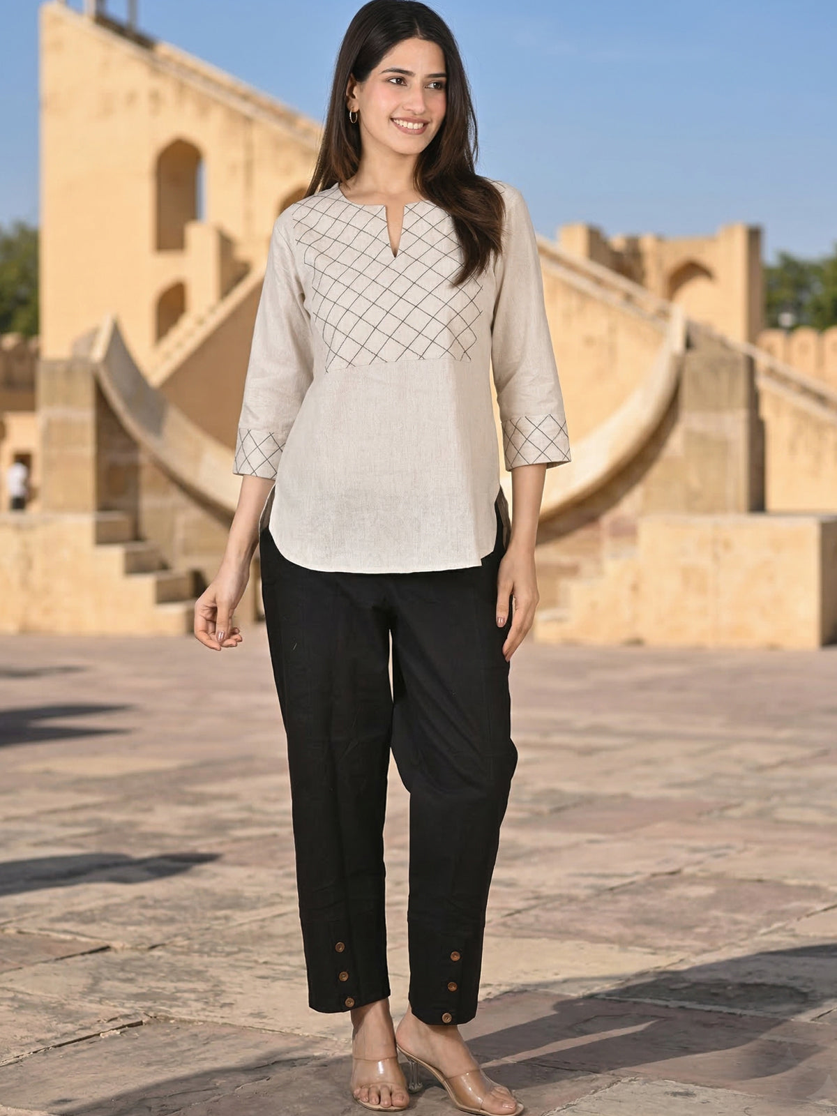 Cream Handloom Cotton Yoke Top