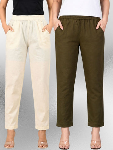 Cream & Mehendi Regular Fit Elastic Cotton Trouser Combo