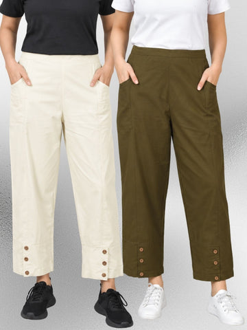 Cream & Mehndi Cotton Straight Cargo Pant Combo